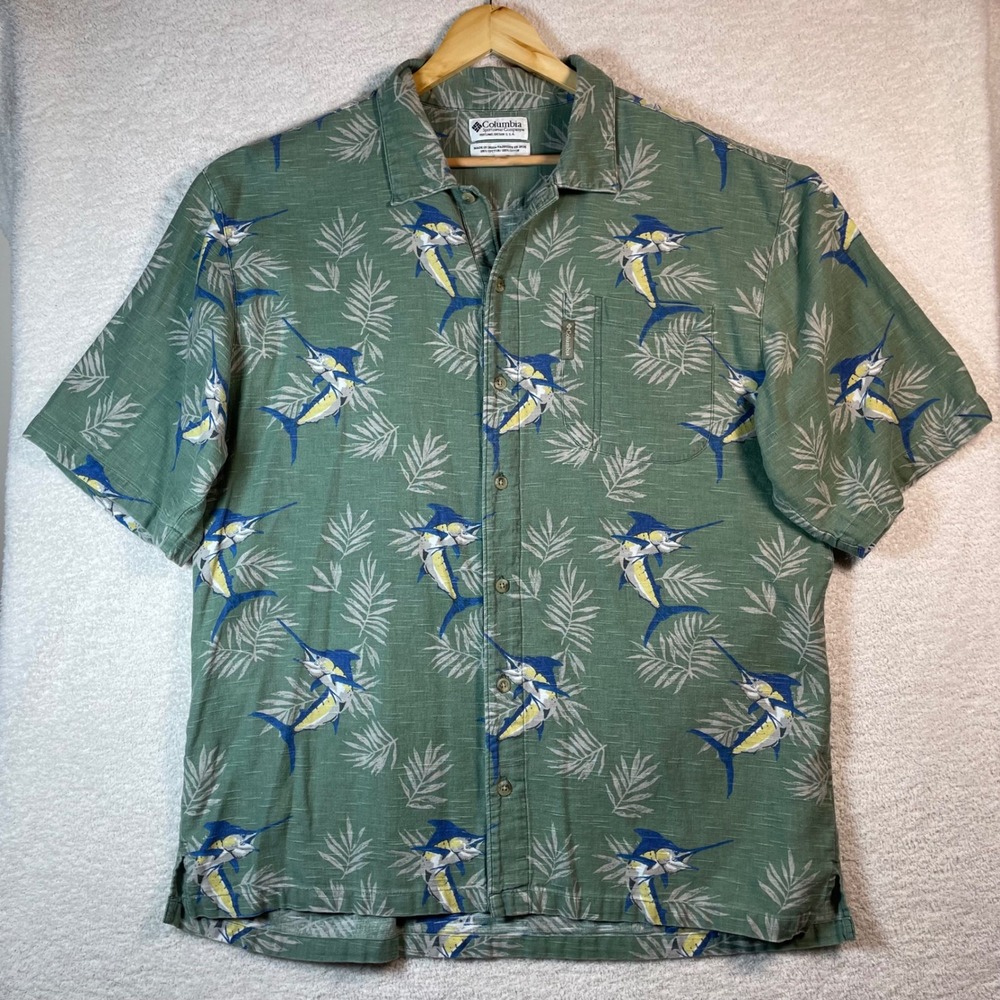 vintage columbia marlin keys aop hawaiian casual button down camp shirt L cotton